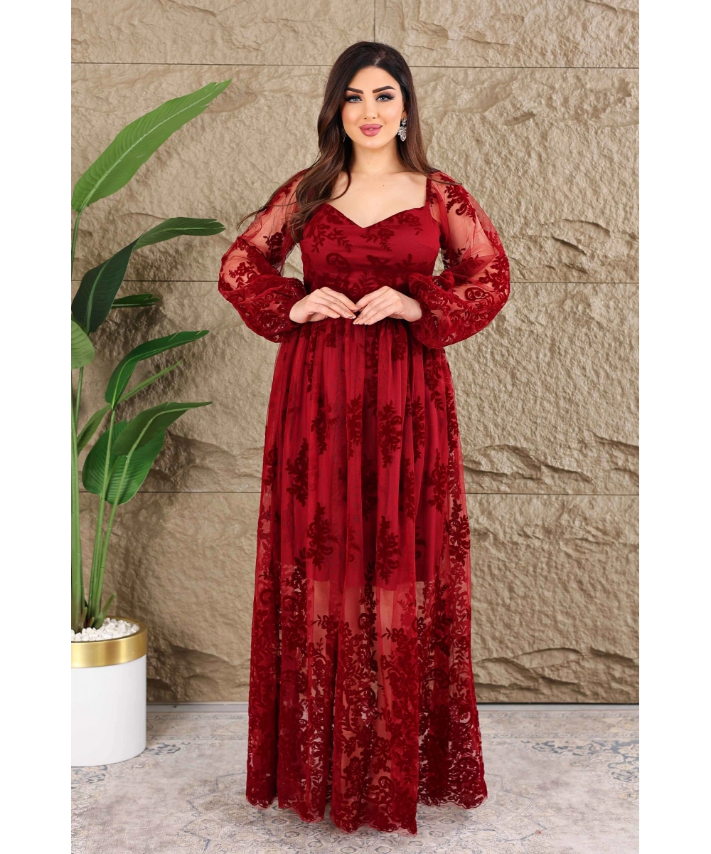 Esnek Tül Üzerine Flok Baskılı Dekolteli Elbise Abiye