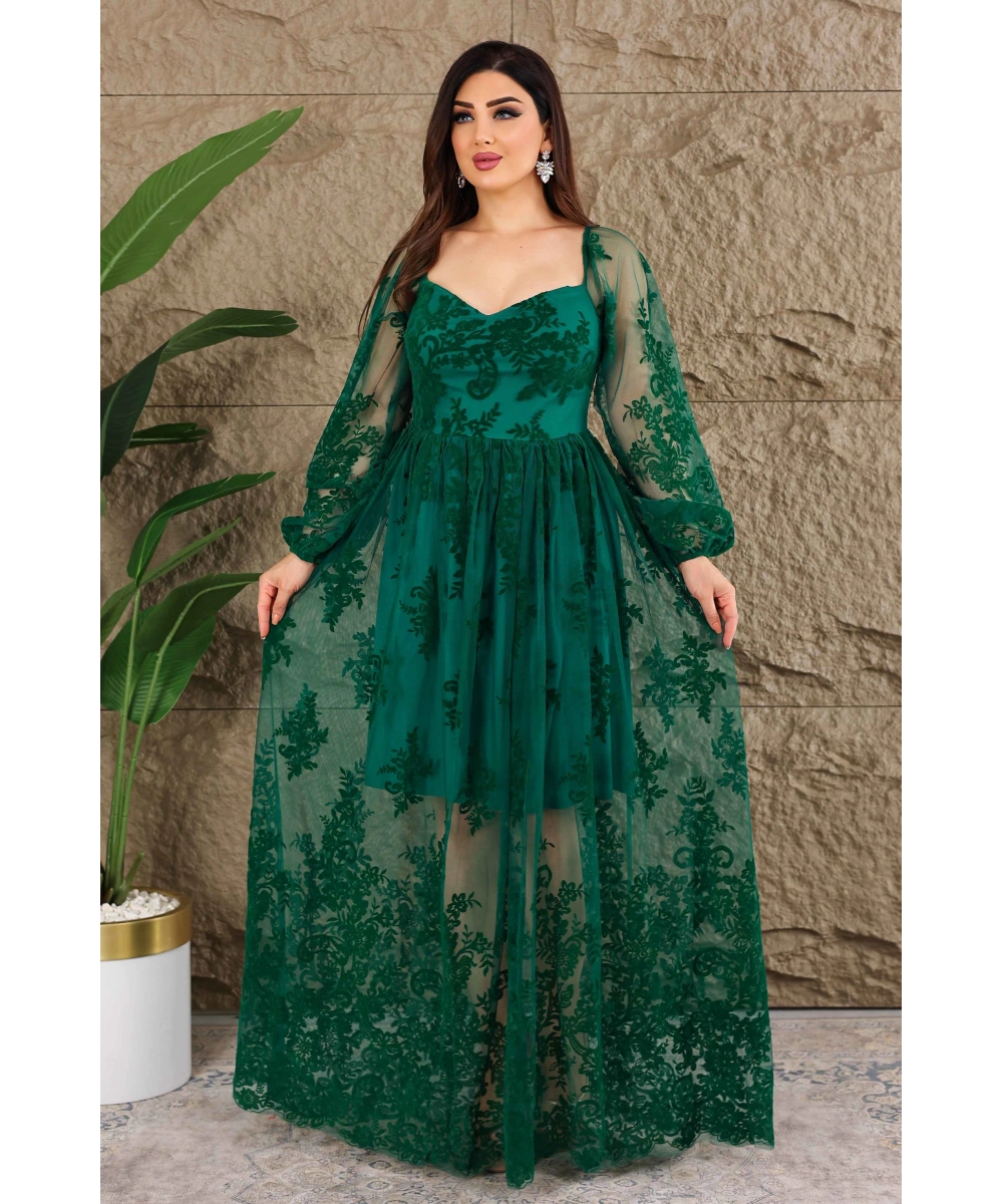 Esnek Tül Üzerine Flok Baskılı Dekolteli Elbise Abiye