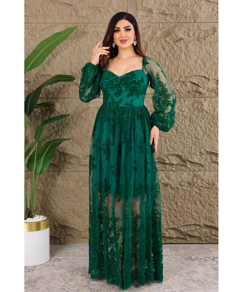 Esnek Tül Üzerine Flok Baskılı Dekolteli Elbise Abiye