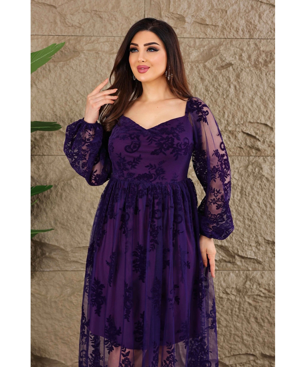 Esnek Tül Üzerine Flok Baskılı Dekolteli Elbise Abiye