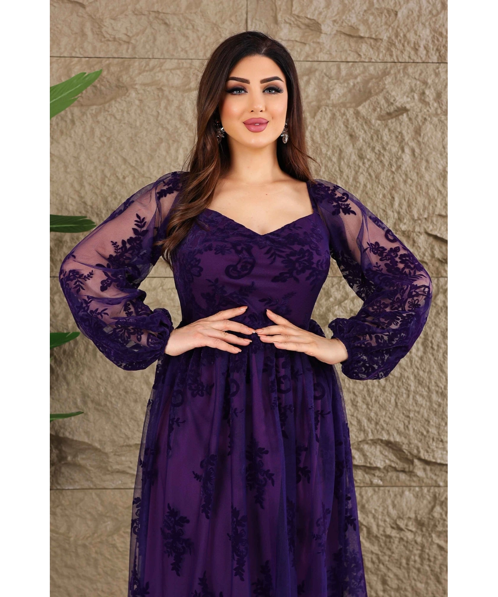 Esnek Tül Üzerine Flok Baskılı Dekolteli Elbise Abiye