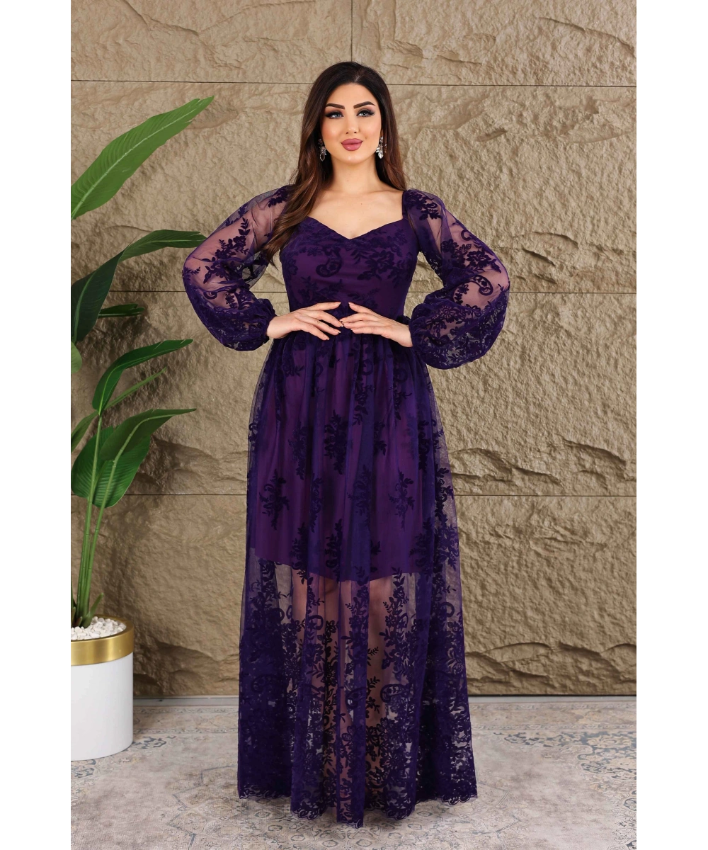 Esnek Tül Üzerine Flok Baskılı Dekolteli Elbise Abiye