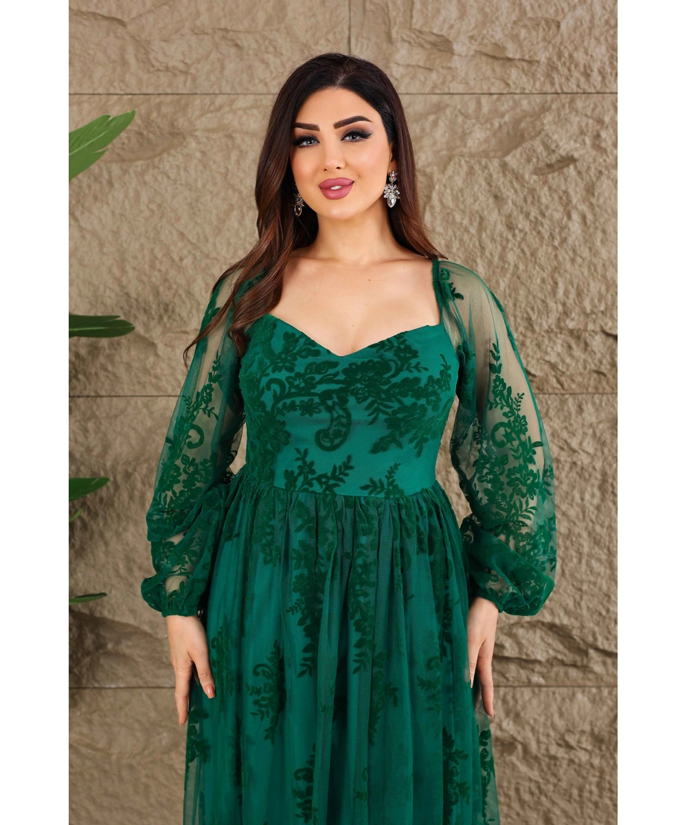 Esnek Tül Üzerine Flok Baskılı Dekolteli Elbise Abiye