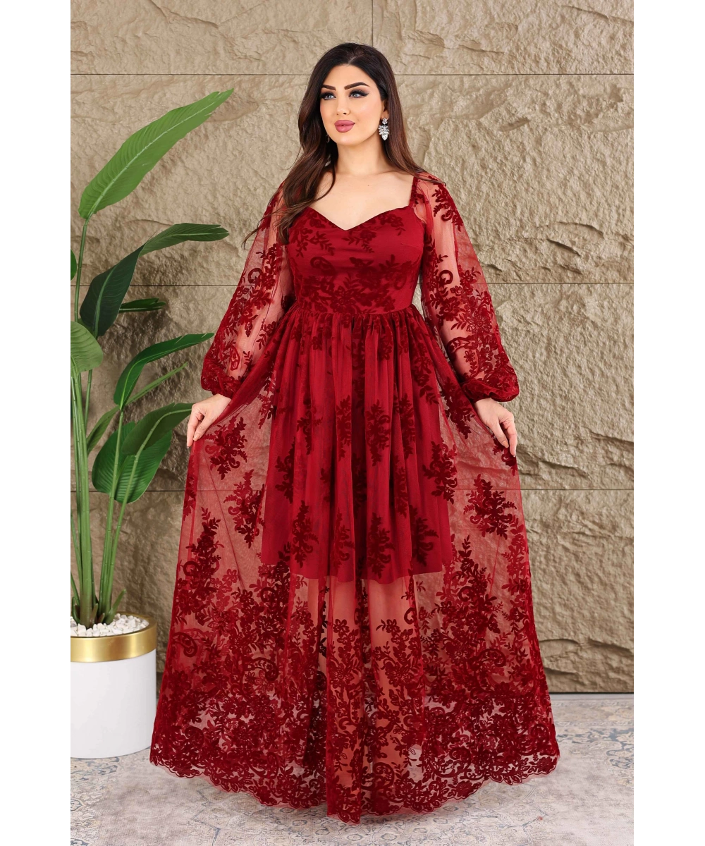 Esnek Tül Üzerine Flok Baskılı Dekolteli Elbise Abiye