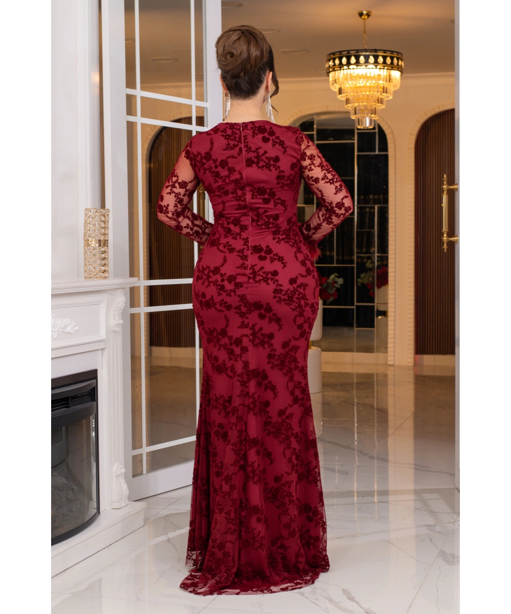 Esnek Tül Üzerine Flok Baskılı Tavşan Tüyü Garnili Uzun Elbise Abiye