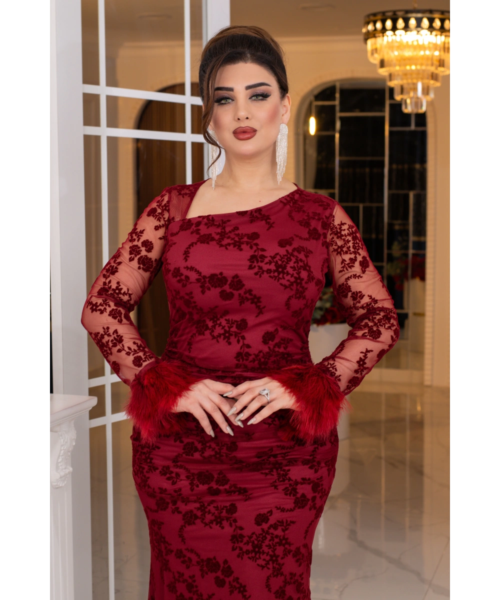 Esnek Tül Üzerine Flok Baskılı Tavşan Tüyü Garnili Uzun Elbise Abiye