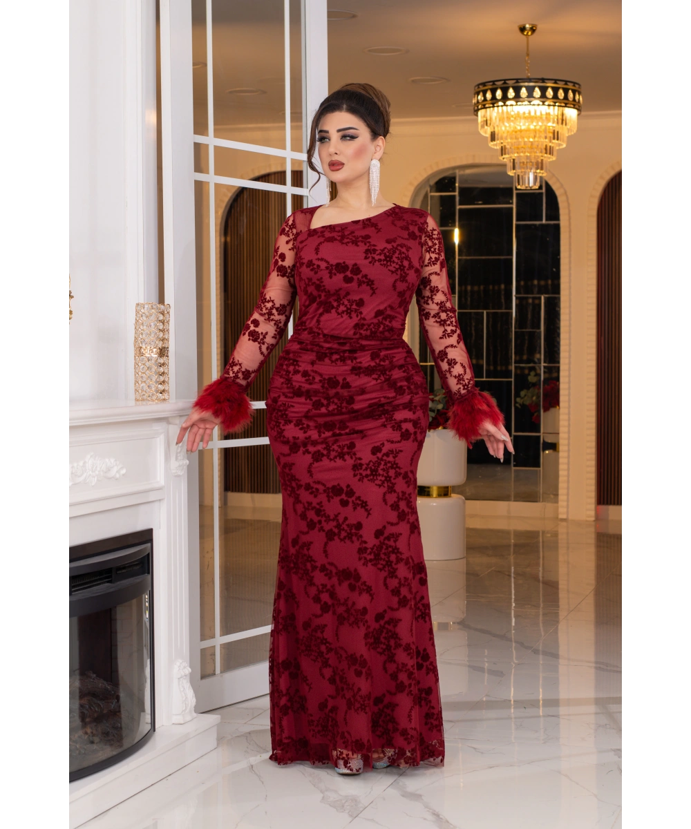 Esnek Tül Üzerine Flok Baskılı Tavşan Tüyü Garnili Uzun Elbise Abiye