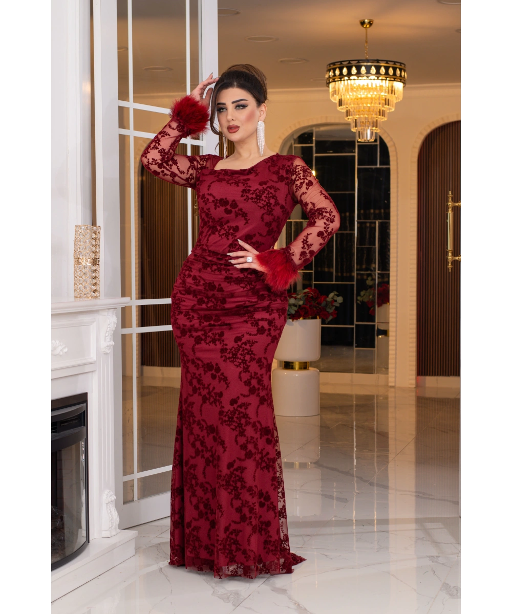 Esnek Tül Üzerine Flok Baskılı Tavşan Tüyü Garnili Uzun Elbise Abiye