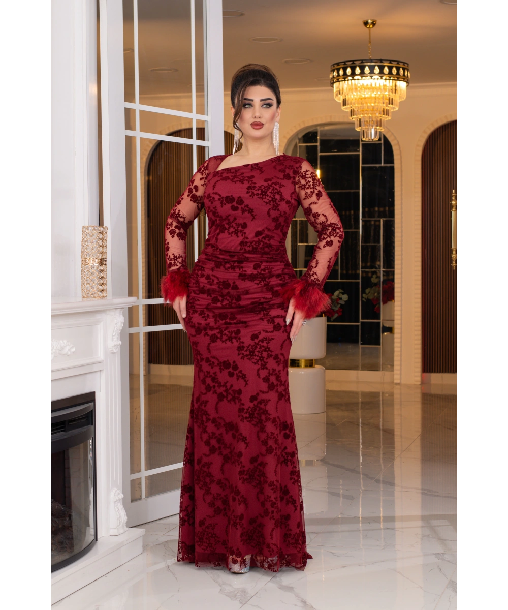 Esnek Tül Üzerine Flok Baskılı Tavşan Tüyü Garnili Uzun Elbise Abiye