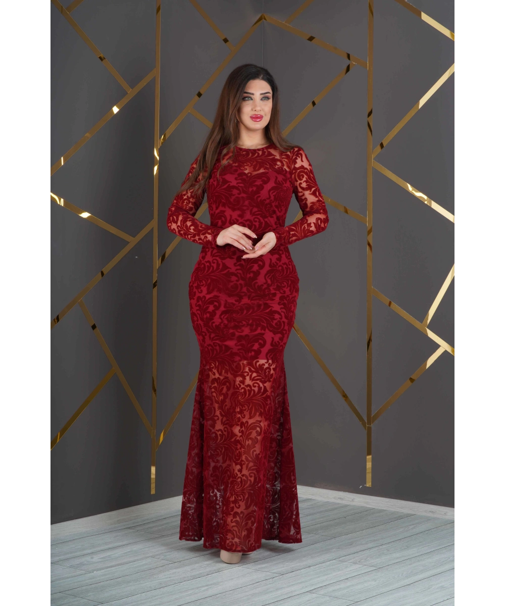 Esnek Tül Üzerine Flok Baskılı Uzun Balık Elbise Abiye