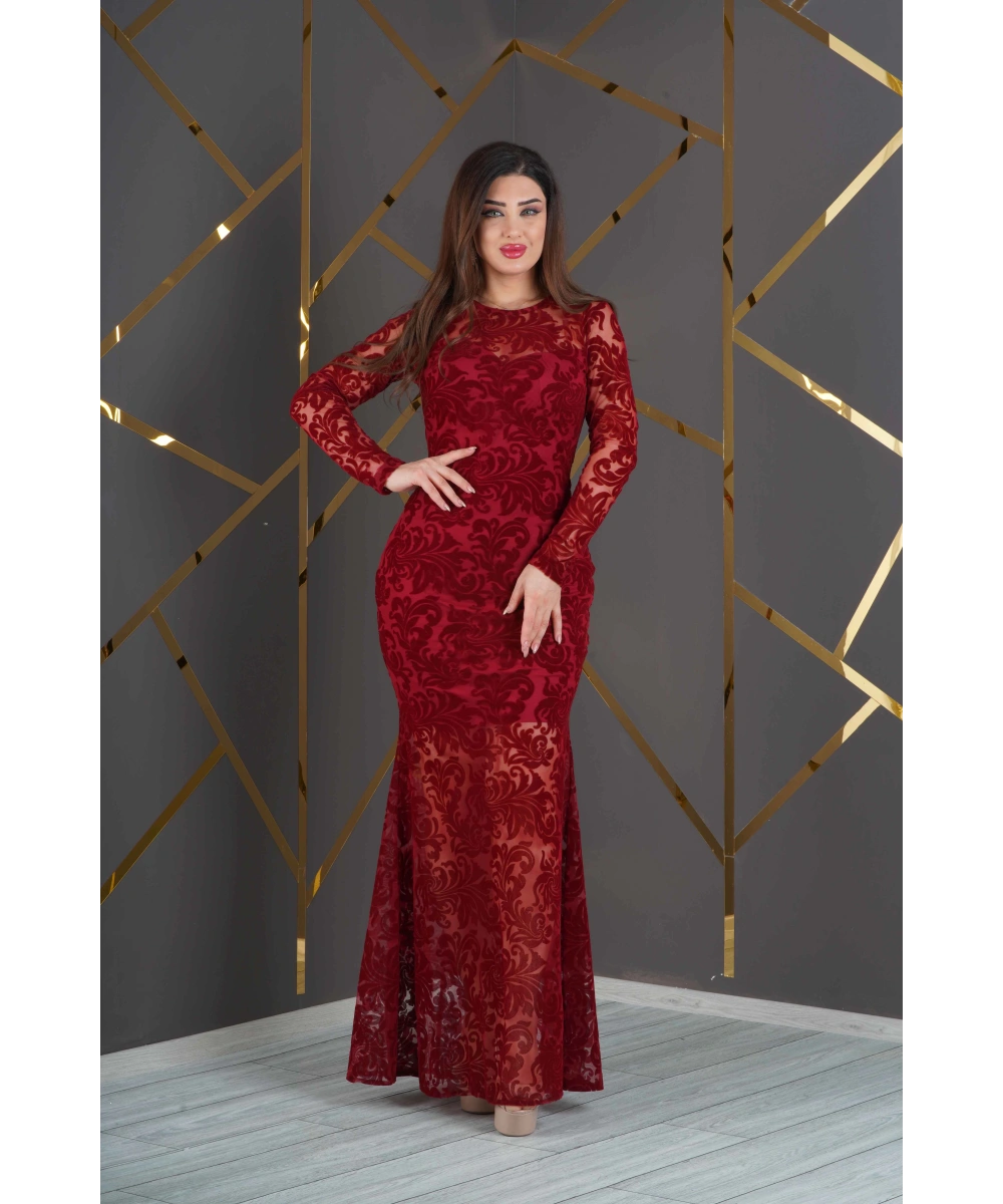 Esnek Tül Üzerine Flok Baskılı Uzun Balık Elbise Abiye