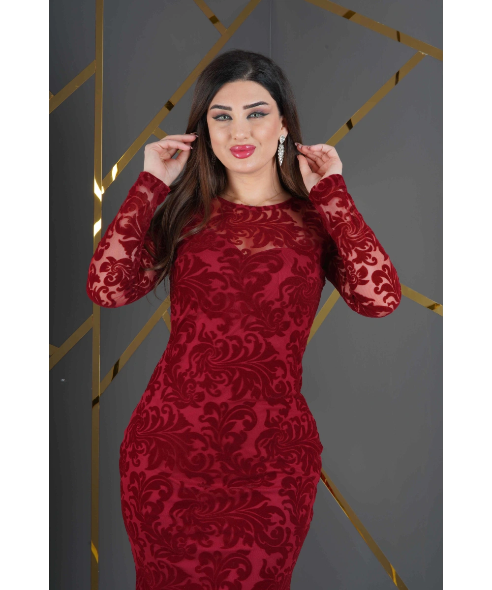 Esnek Tül Üzerine Flok Baskılı Uzun Balık Elbise Abiye