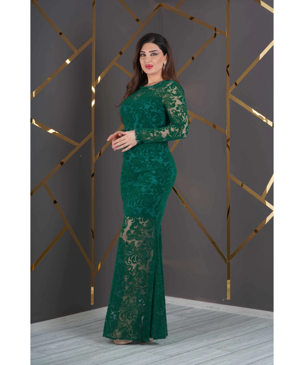 Esnek Tül Üzerine Flok Baskılı Uzun Balık Elbise Abiye