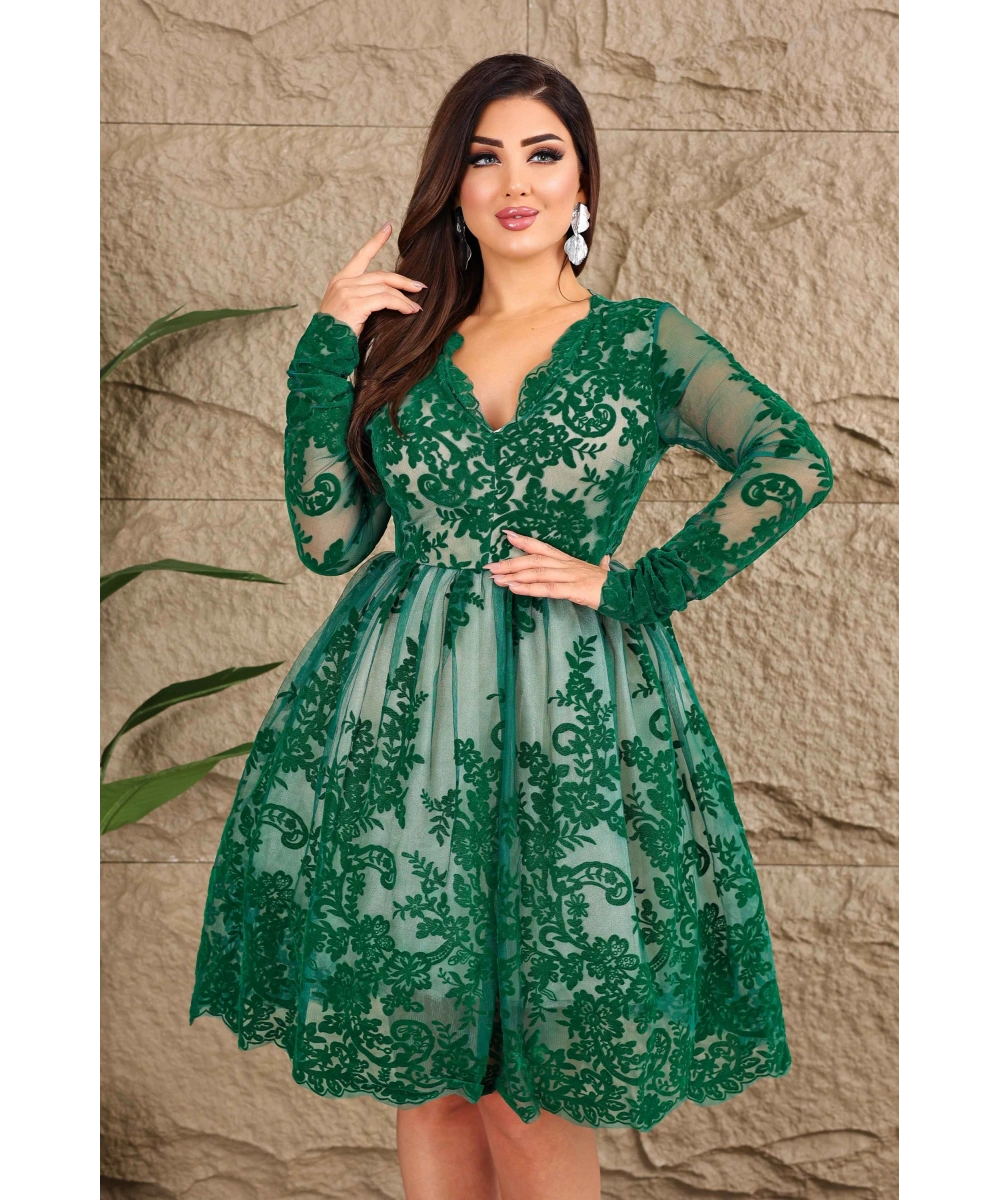 Esnek Tül Üzerine Flok Baskılı V Dekolteli Kısa Tütü Elbise Abiye