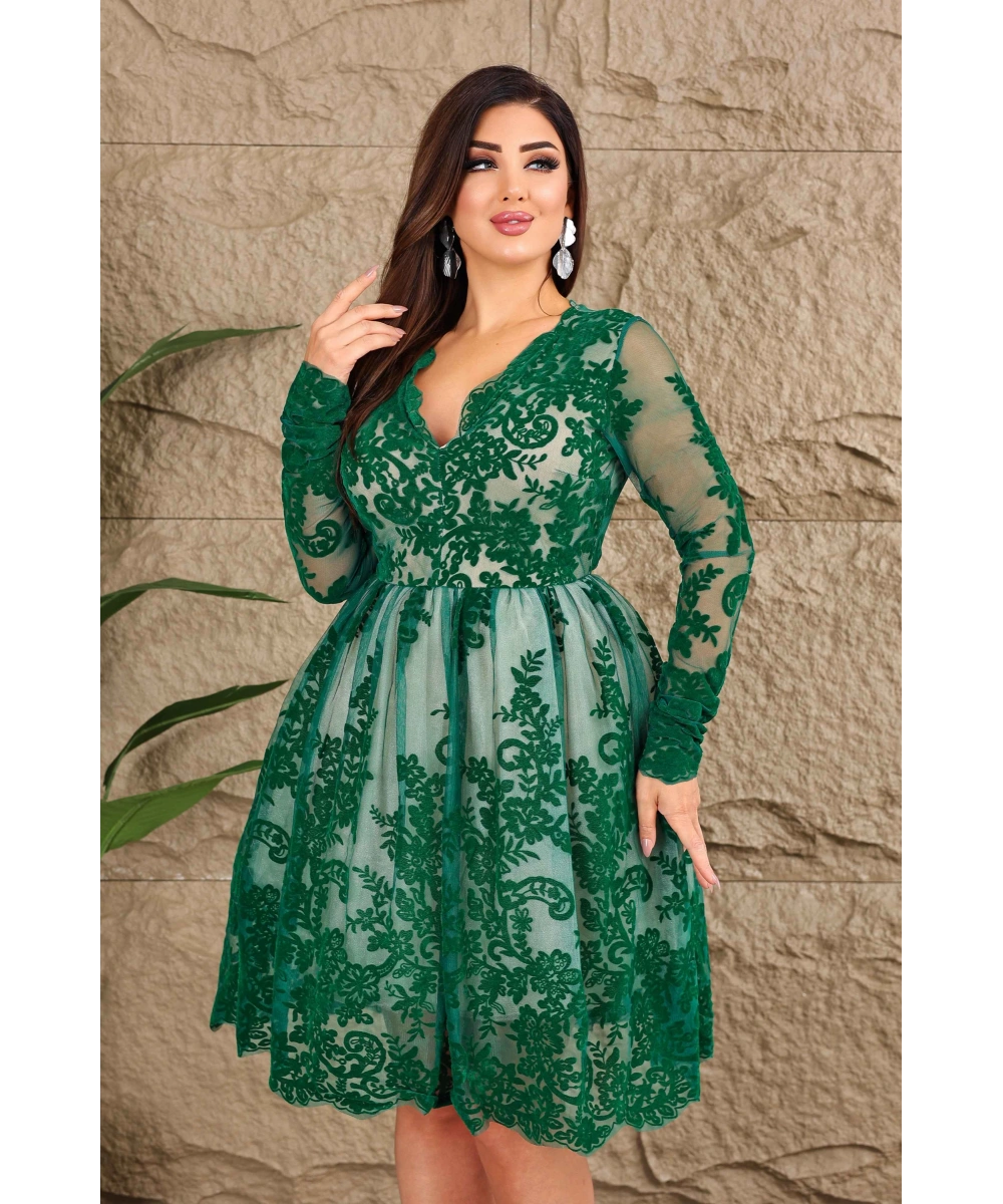 Esnek Tül Üzerine Flok Baskılı V Dekolteli Kısa Tütü Elbise Abiye