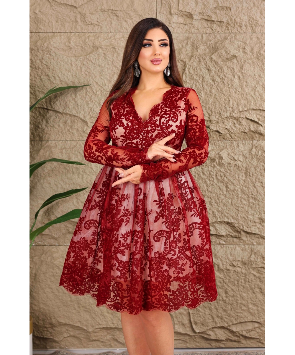 Esnek Tül Üzerine Flok Baskılı V Dekolteli Kısa Tütü Elbise Abiye