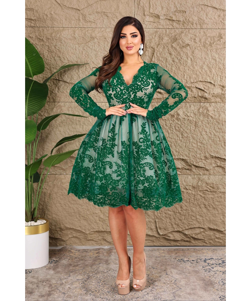 Esnek Tül Üzerine Flok Baskılı V Dekolteli Kısa Tütü Elbise Abiye