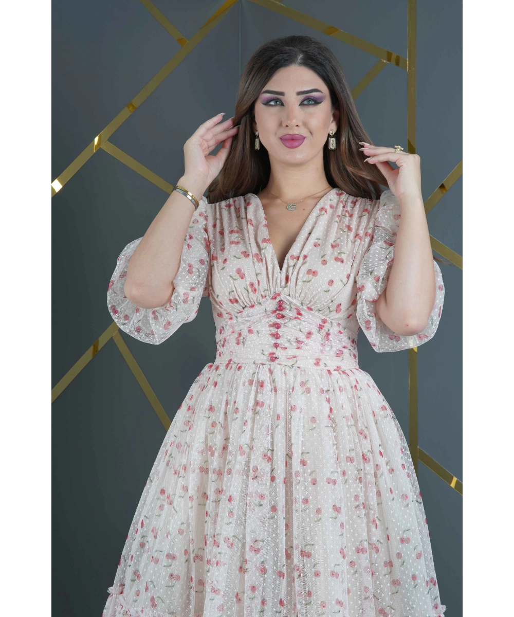 Esnek Tül Üzerine Puantiyeli Kiraz Desenli Flok Baskılı Dekolteli Diz Altı Abiye