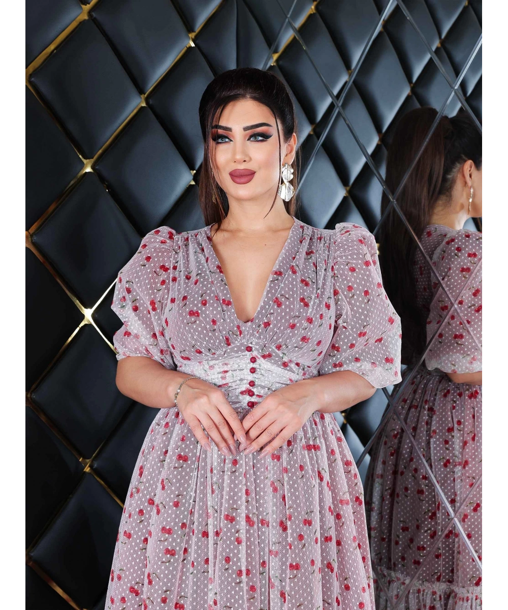 Esnek Tül Üzerine Puantiyeli Kiraz Desenli Flok Baskılı Dekolteli Diz Altı Abiye