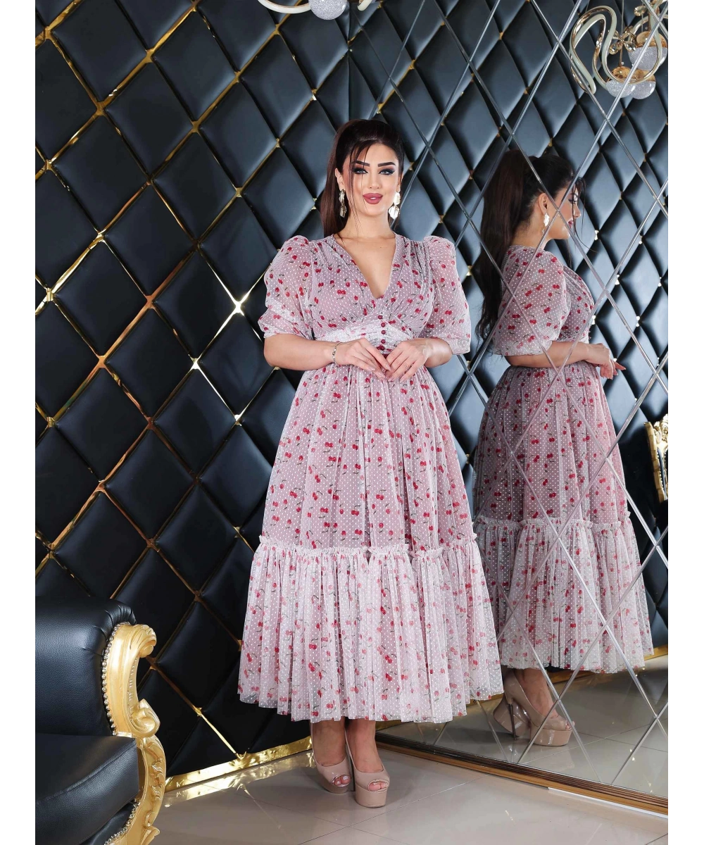 Esnek Tül Üzerine Puantiyeli Kiraz Desenli Flok Baskılı Dekolteli Diz Altı Abiye