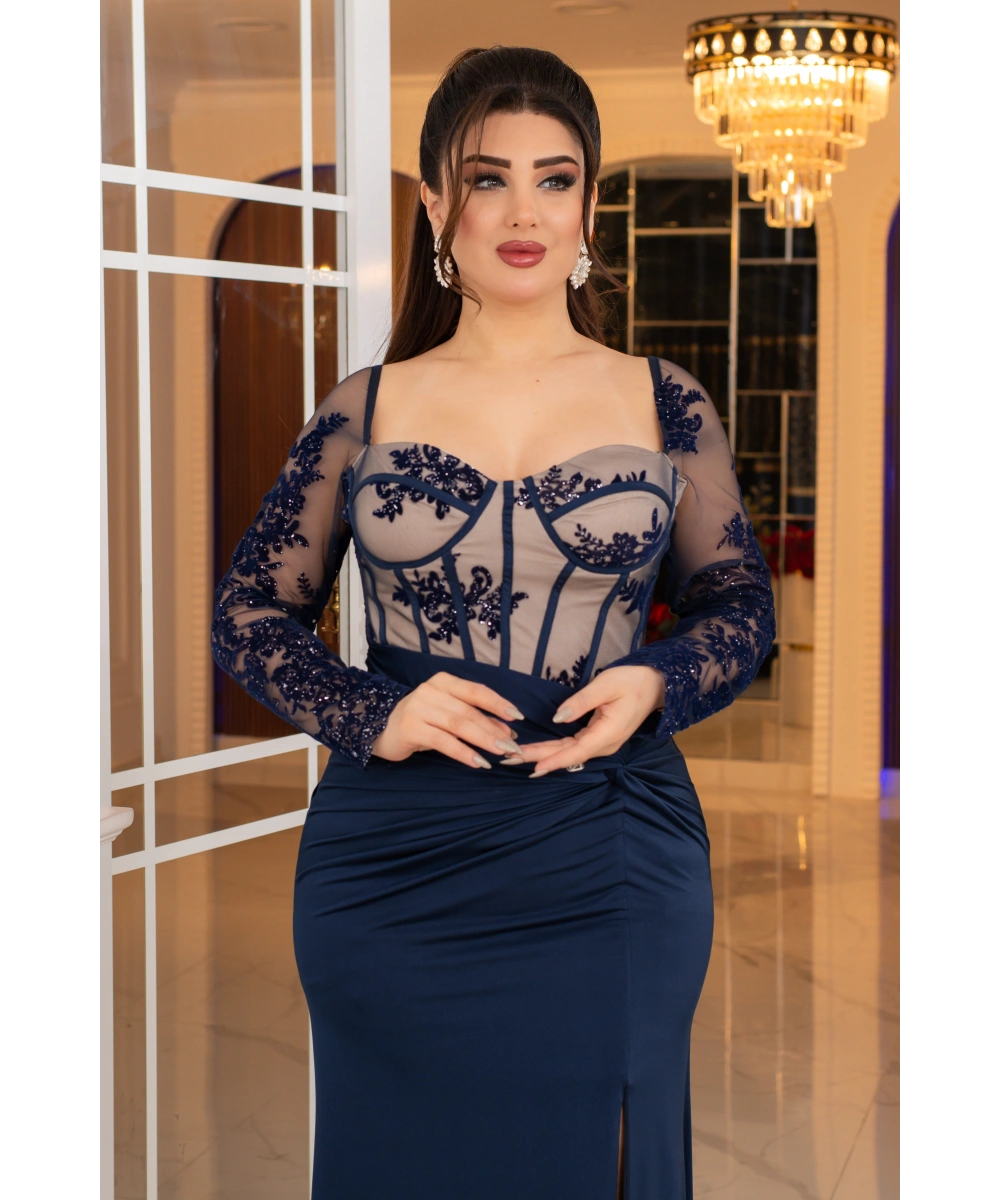 Flok Kristal Buzi Tasarım Göğüs Sırt Dekolteli Balık Elbise Abiye