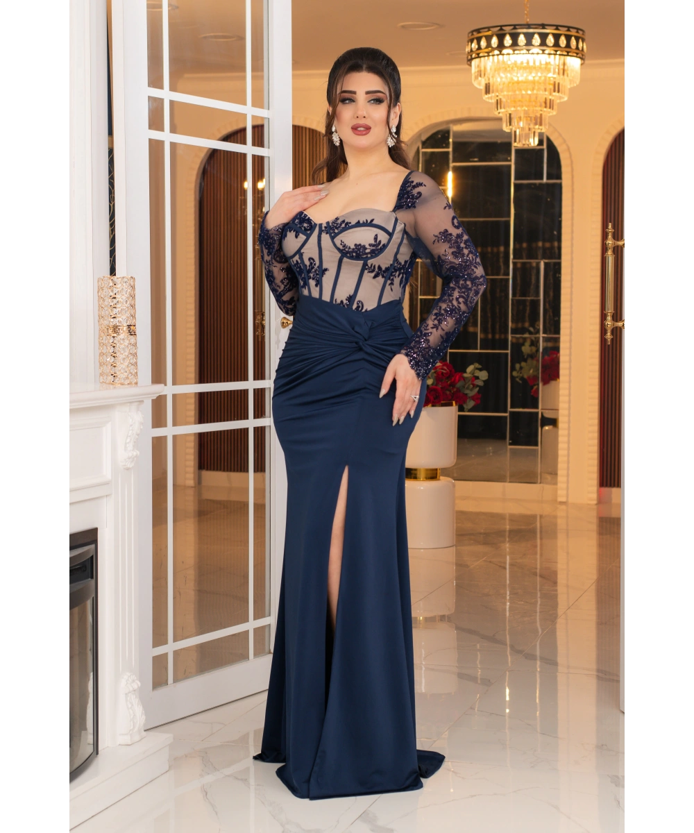 Flok Kristal Buzi Tasarım Göğüs Sırt Dekolteli Balık Elbise Abiye