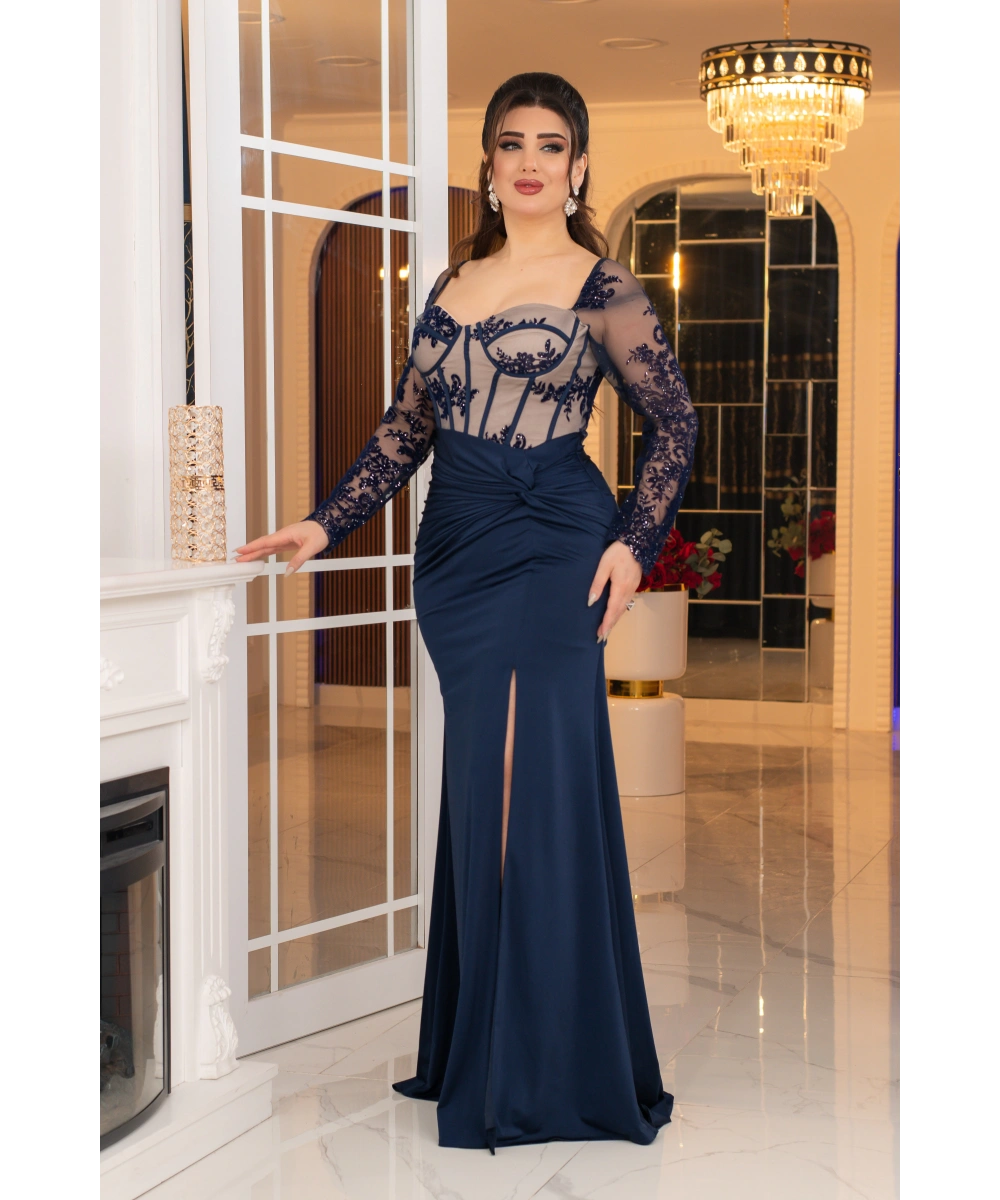 Flok Kristal Buzi Tasarım Göğüs Sırt Dekolteli Balık Elbise Abiye