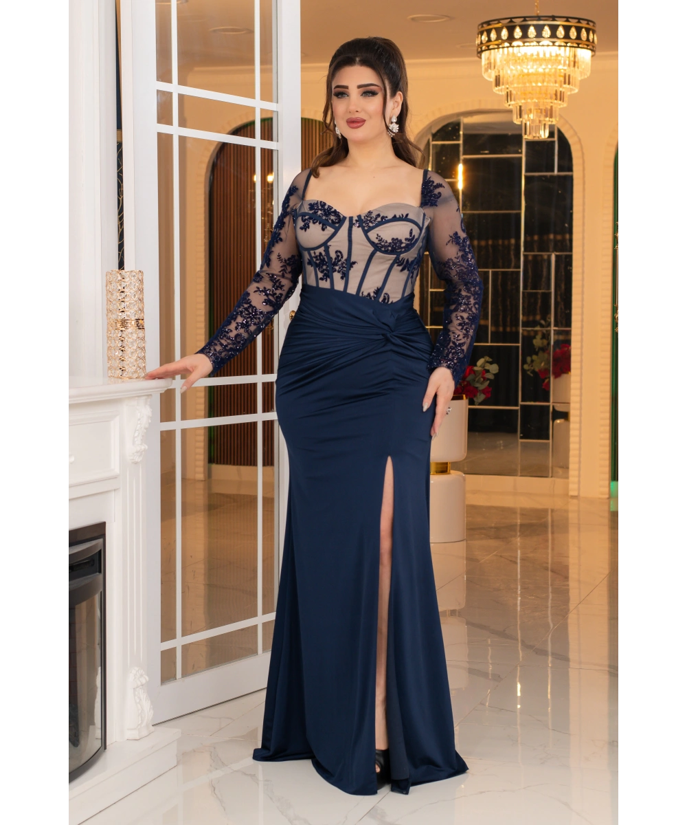 Flok Kristal Buzi Tasarım Göğüs Sırt Dekolteli Balık Elbise Abiye