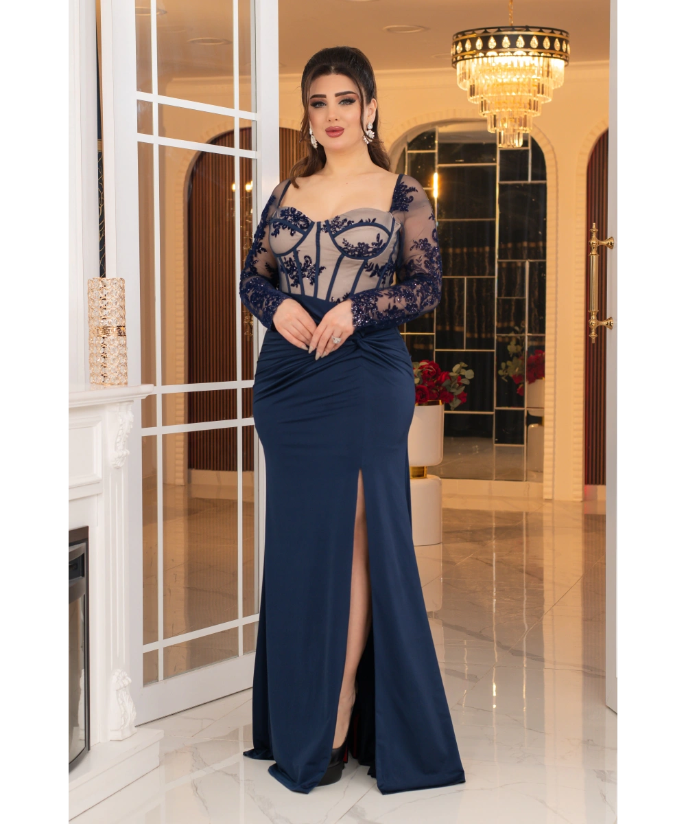 Flok Kristal Buzi Tasarım Göğüs Sırt Dekolteli Balık Elbise Abiye