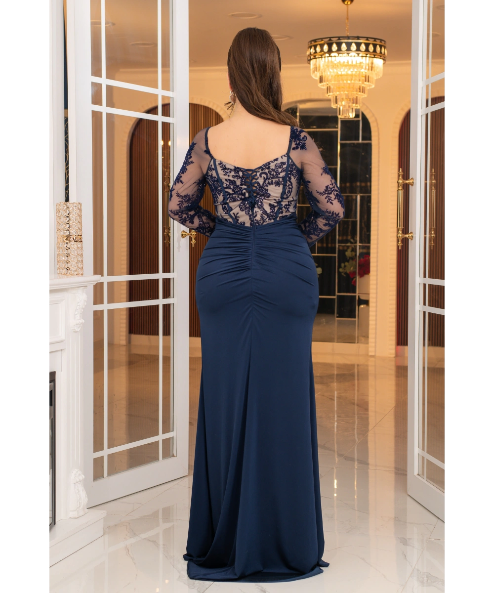 Flok Kristal Buzi Tasarım Göğüs Sırt Dekolteli Balık Elbise Abiye