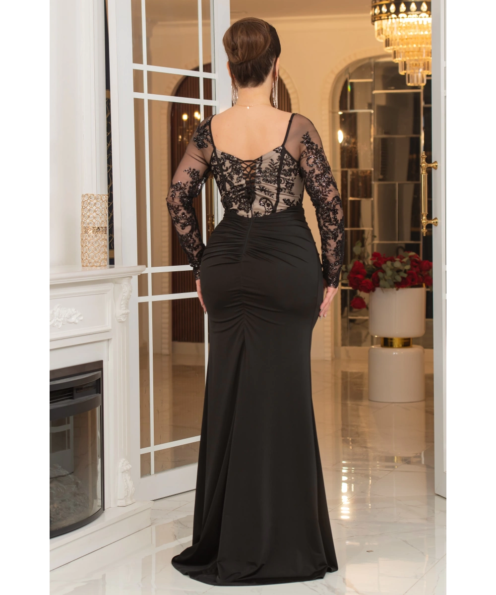 Flok Kristal Buzi Tasarım Göğüs Sırt Dekolteli Balık Elbise Abiye