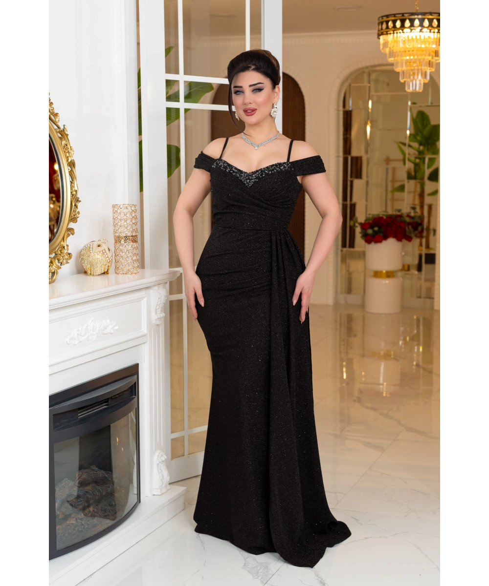 Fukuro Tasarım Taş Aksesuarlı Askılı Pelerinli Balık Elbise Abiye