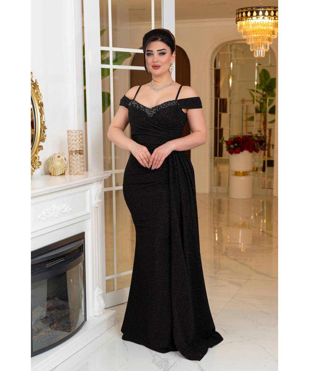 Fukuro Tasarım Taş Aksesuarlı Askılı Pelerinli Balık Elbise Abiye