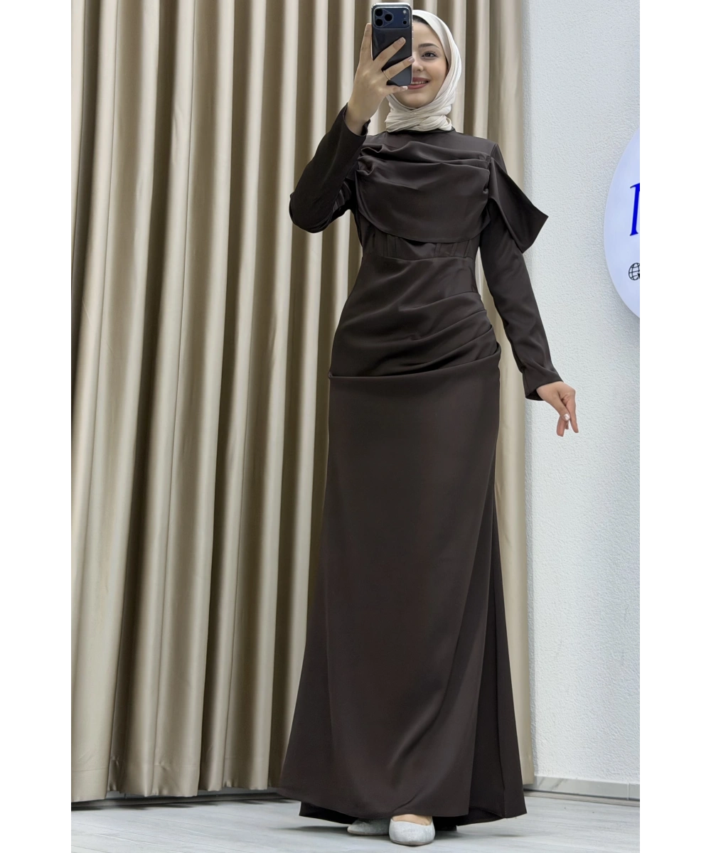 Göğüs Drapeli Asimetrik Üst Detaylı Uzun Kollu Dik Yaka Slim Fit Silüet Uzun Boy Şık Abiye Elbise