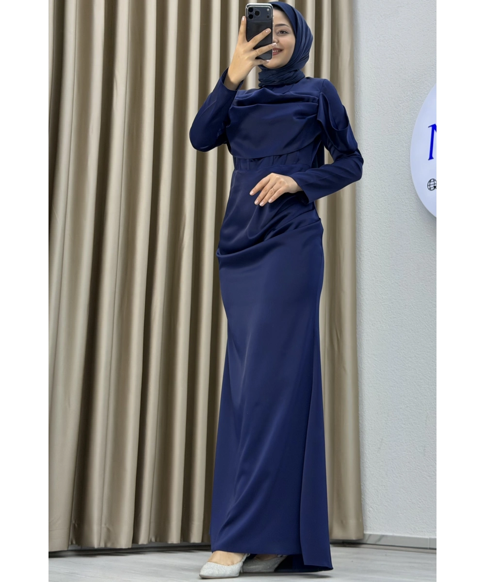 Göğüs Drapeli Asimetrik Üst Detaylı Uzun Kollu Dik Yaka Slim Fit Silüet Uzun Boy Şık Abiye Elbise