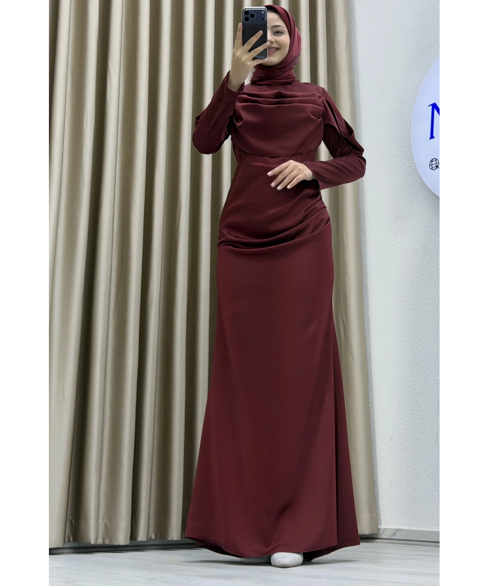 Göğüs Drapeli Asimetrik Üst Detaylı Uzun Kollu Dik Yaka Slim Fit Silüet Uzun Boy Şık Abiye Elbise