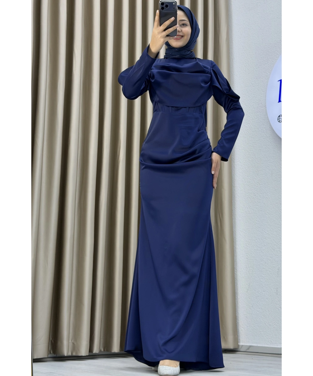 Göğüs Drapeli Asimetrik Üst Detaylı Uzun Kollu Dik Yaka Slim Fit Silüet Uzun Boy Şık Abiye Elbise