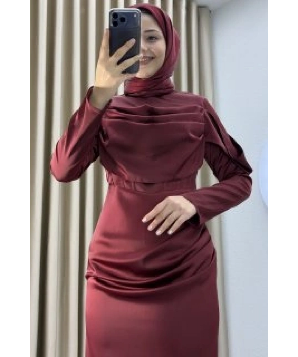 Göğüs Drapeli Asimetrik Üst Detaylı Uzun Kollu Dik Yaka Slim Fit Silüet Uzun Boy Şık Abiye Elbise