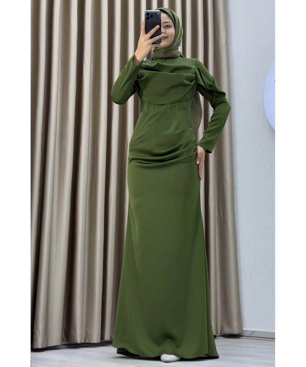 Göğüs Drapeli Asimetrik Üst Detaylı Uzun Kollu Dik Yaka Slim Fit Silüet Uzun Boy Şık Abiye Elbise