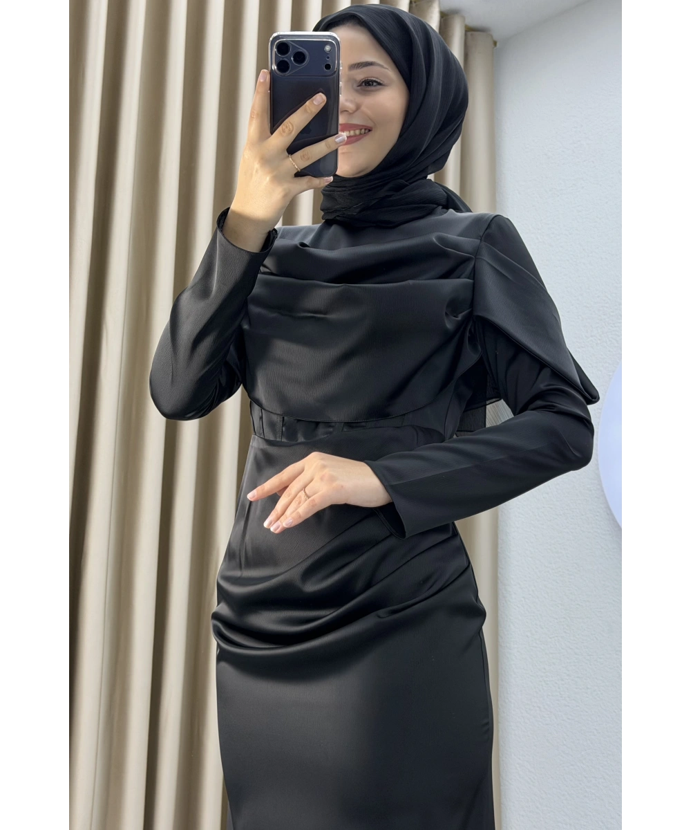 Göğüs Drapeli Asimetrik Üst Detaylı Uzun Kollu Dik Yaka Slim Fit Silüet Uzun Boy Şık Abiye Elbise