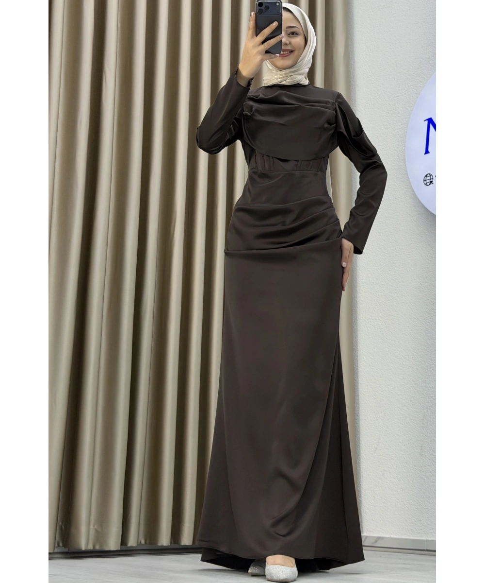 Göğüs Drapeli Asimetrik Üst Detaylı Uzun Kollu Dik Yaka Slim Fit Silüet Uzun Boy Şık Abiye Elbise