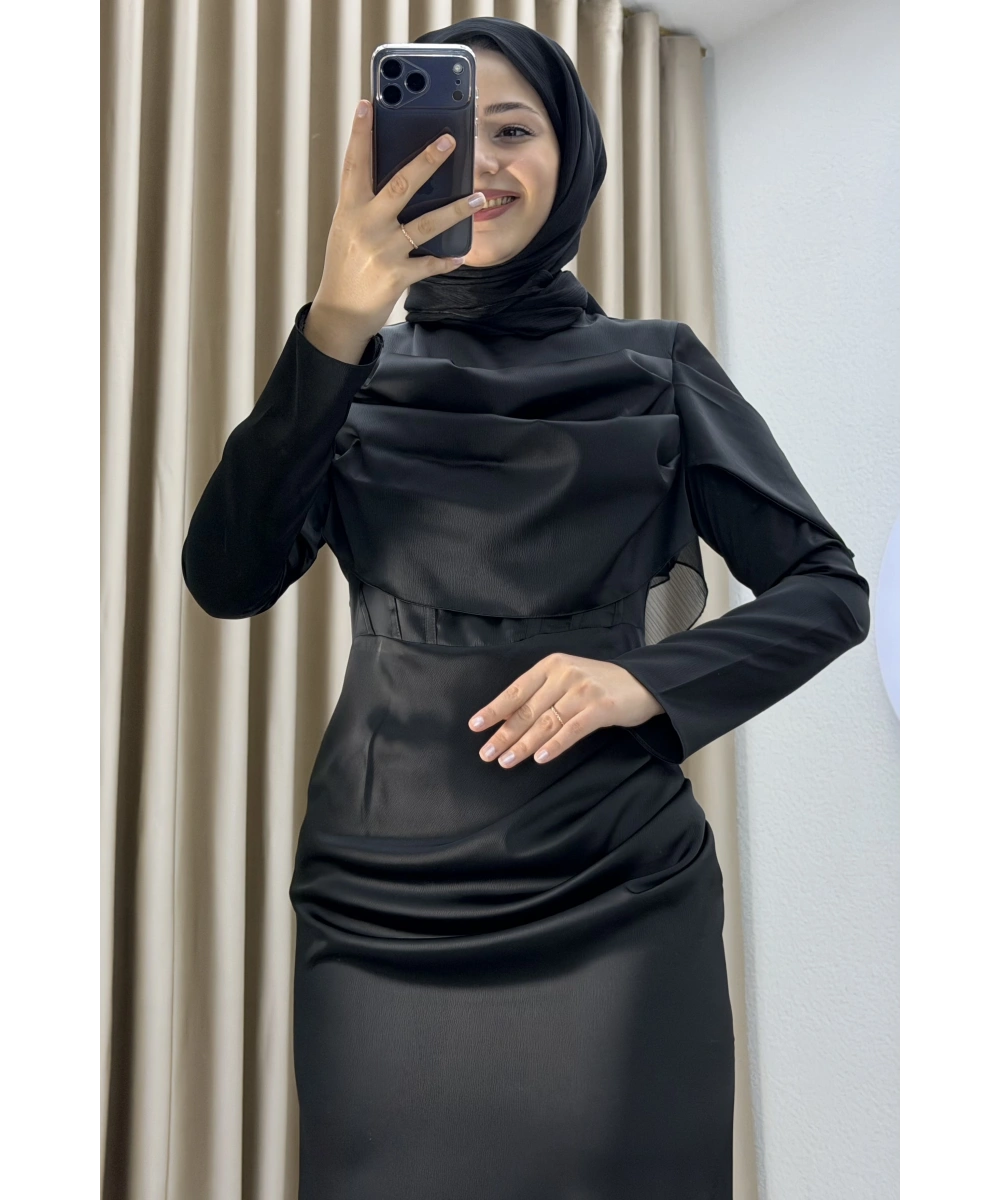 Göğüs Drapeli Asimetrik Üst Detaylı Uzun Kollu Dik Yaka Slim Fit Silüet Uzun Boy Şık Abiye Elbise