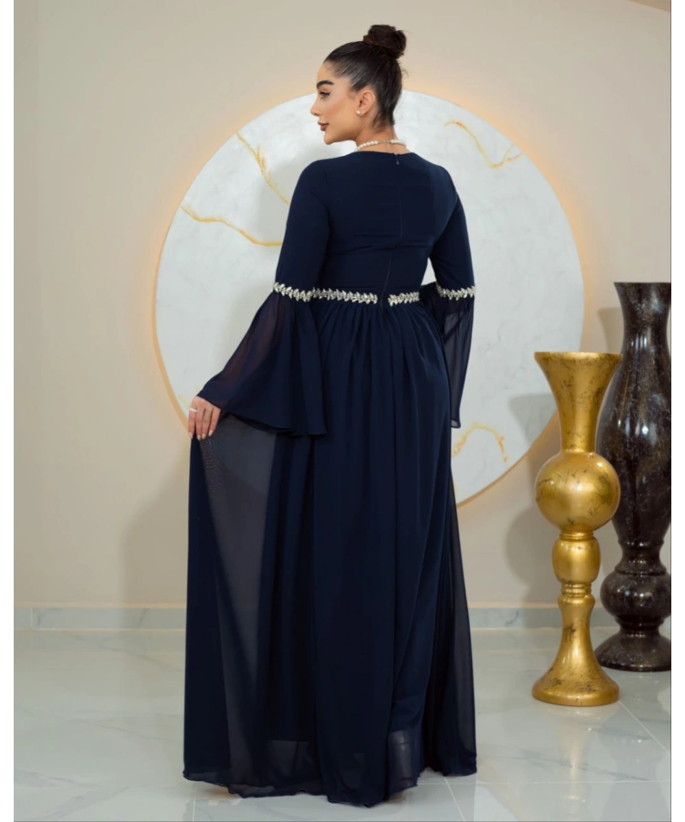 İnci Detaylı Şifon Kol Tasarımlı Uzun Lacivert Abiye Elbise