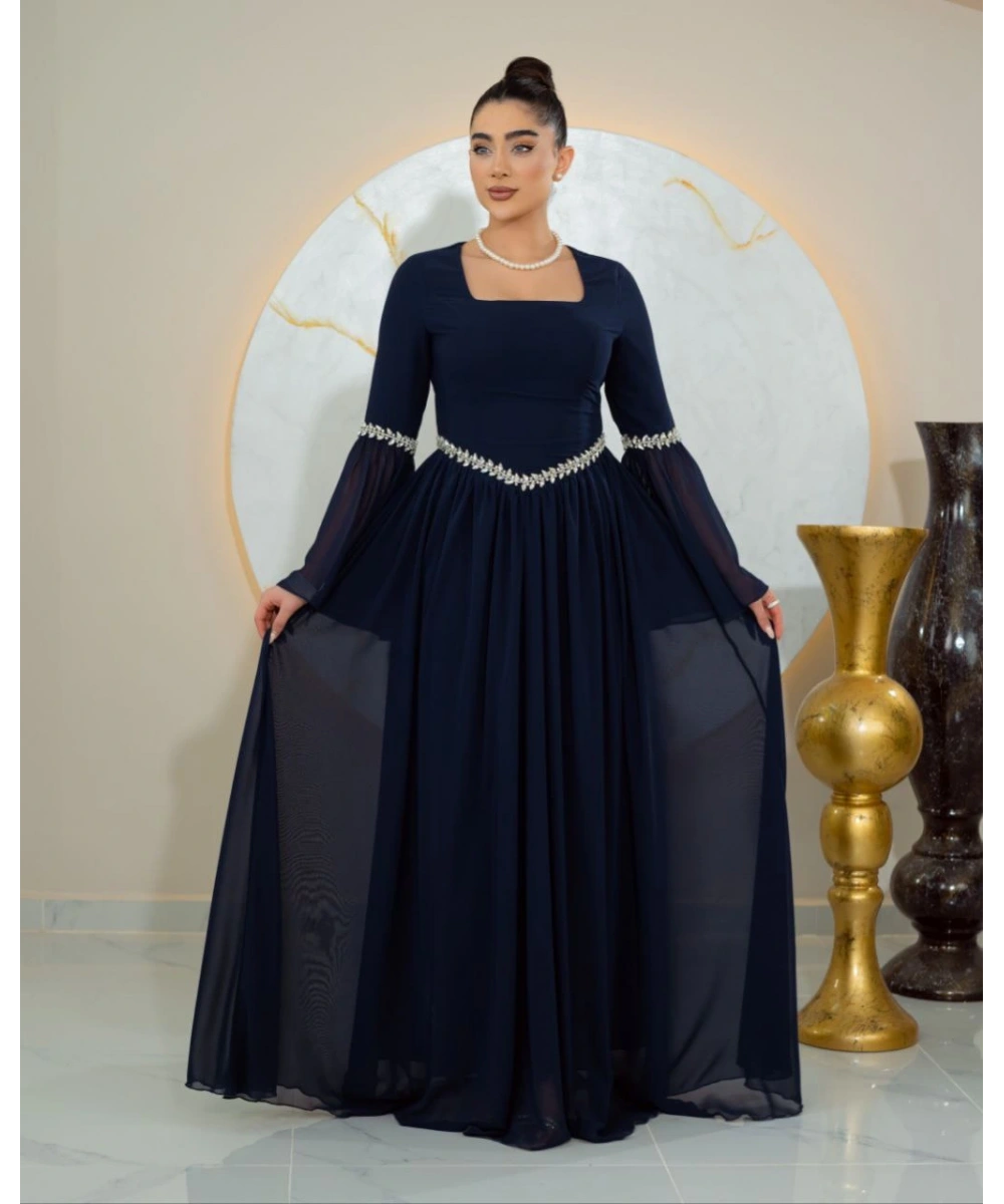 İnci Detaylı Şifon Kol Tasarımlı Uzun Lacivert Abiye Elbise