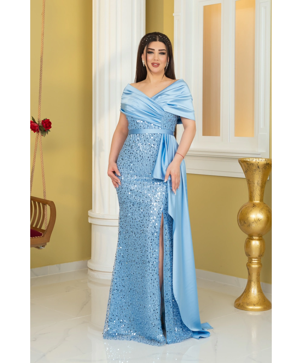 İncili Payet Saten Tasarım Yırtmaçlı Kolsuz Pelerinli Elbise Abiye