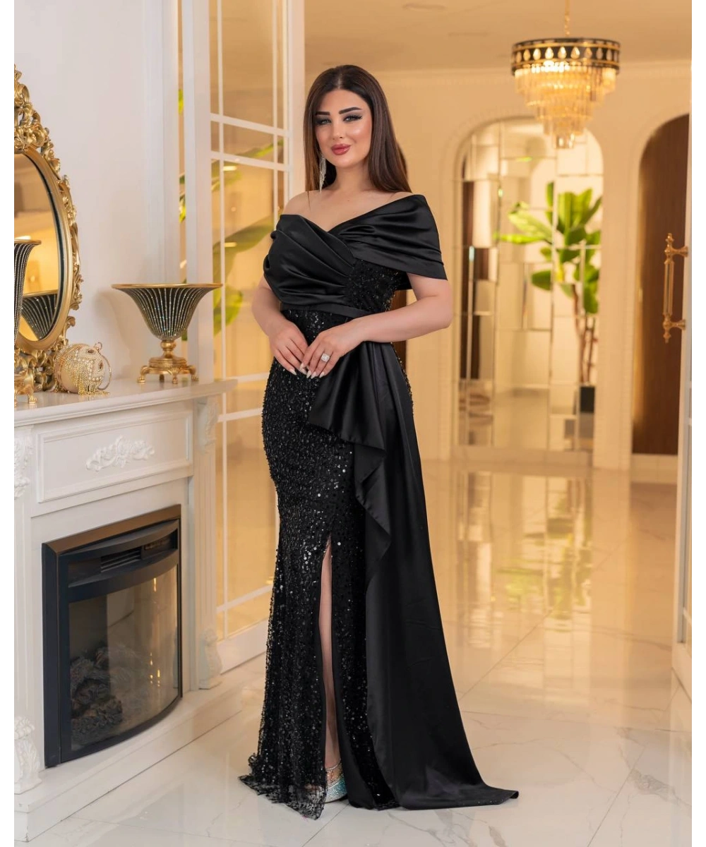 İncili Payet Saten Tasarım Yırtmaçlı Kolsuz Pelerinli Elbise Abiye