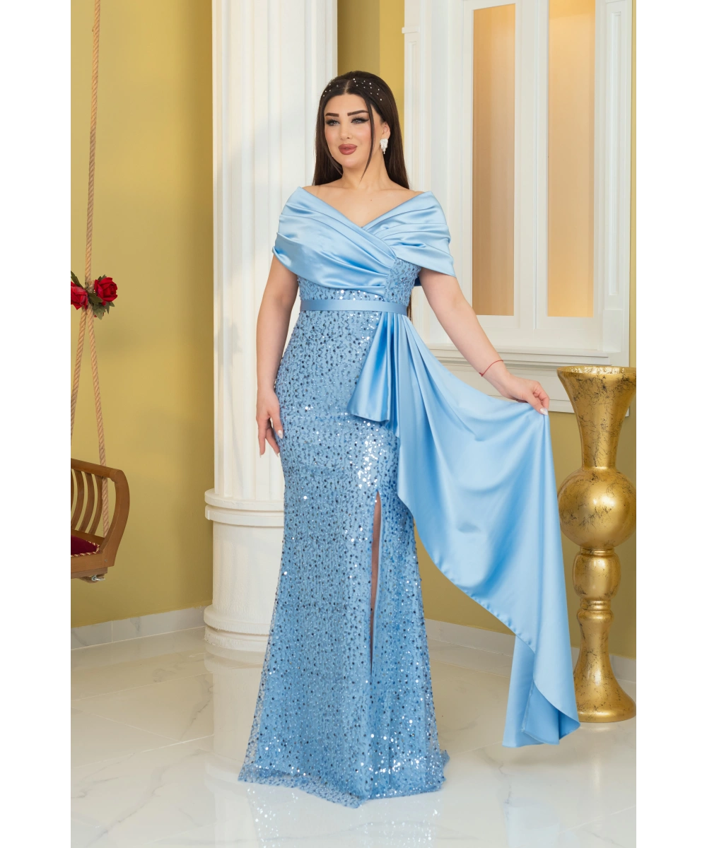 İncili Payet Saten Tasarım Yırtmaçlı Kolsuz Pelerinli Elbise Abiye