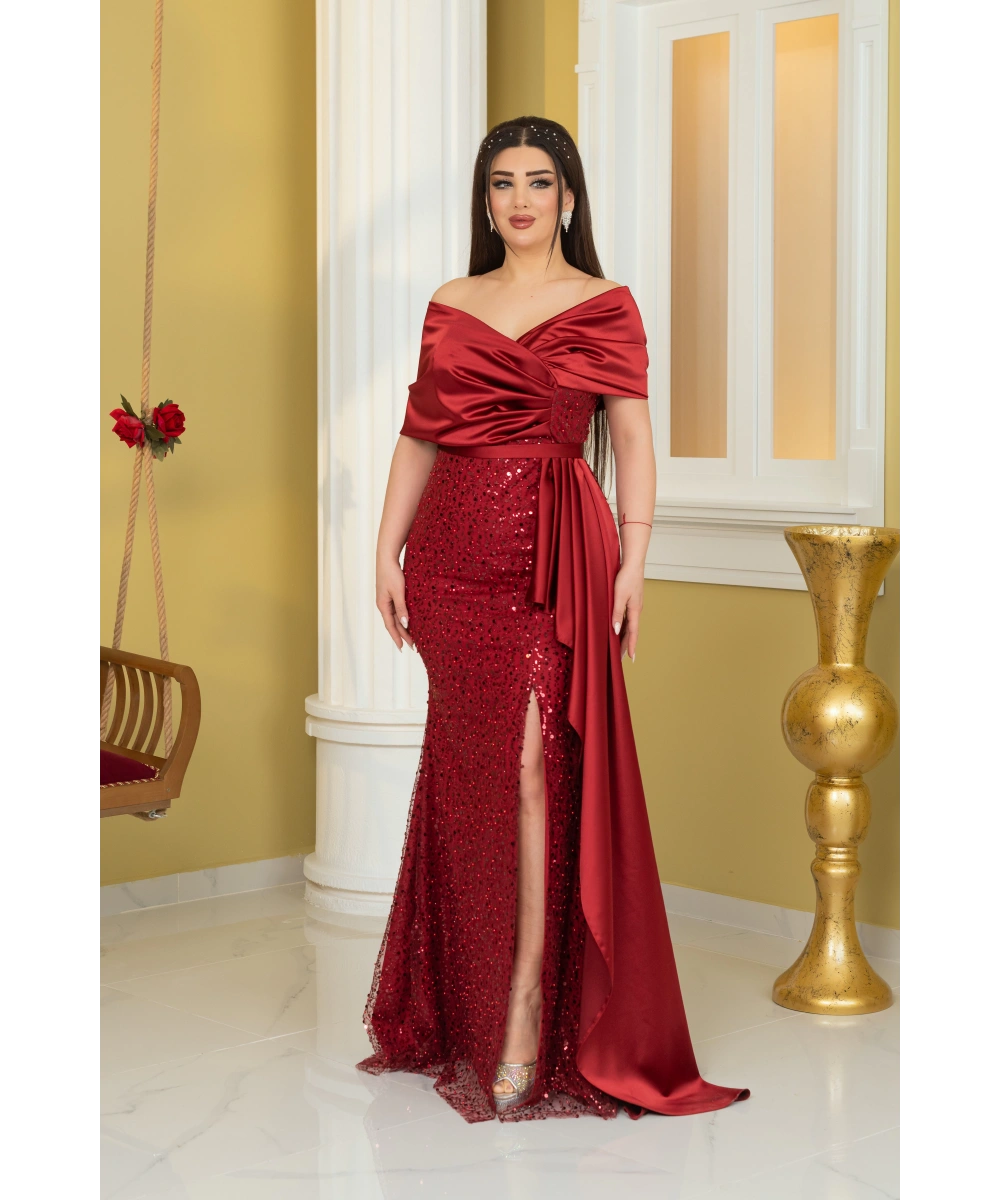 İncili Payet Saten Tasarım Yırtmaçlı Kolsuz Pelerinli Elbise Abiye