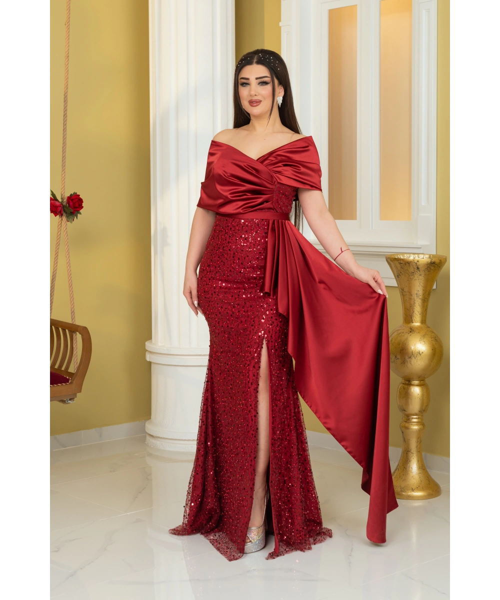 İncili Payet Saten Tasarım Yırtmaçlı Kolsuz Pelerinli Elbise Abiye