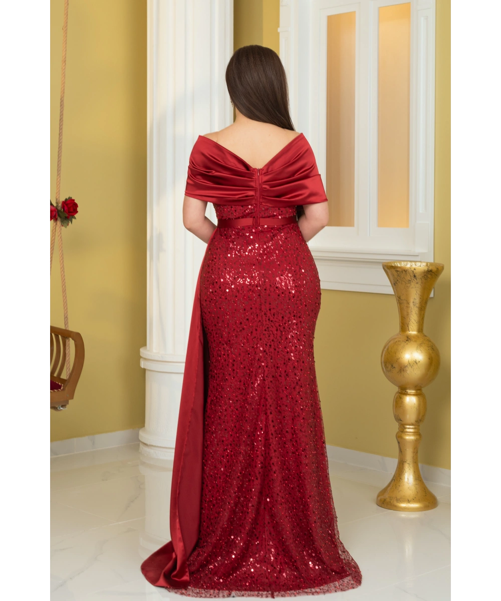 İncili Payet Saten Tasarım Yırtmaçlı Kolsuz Pelerinli Elbise Abiye